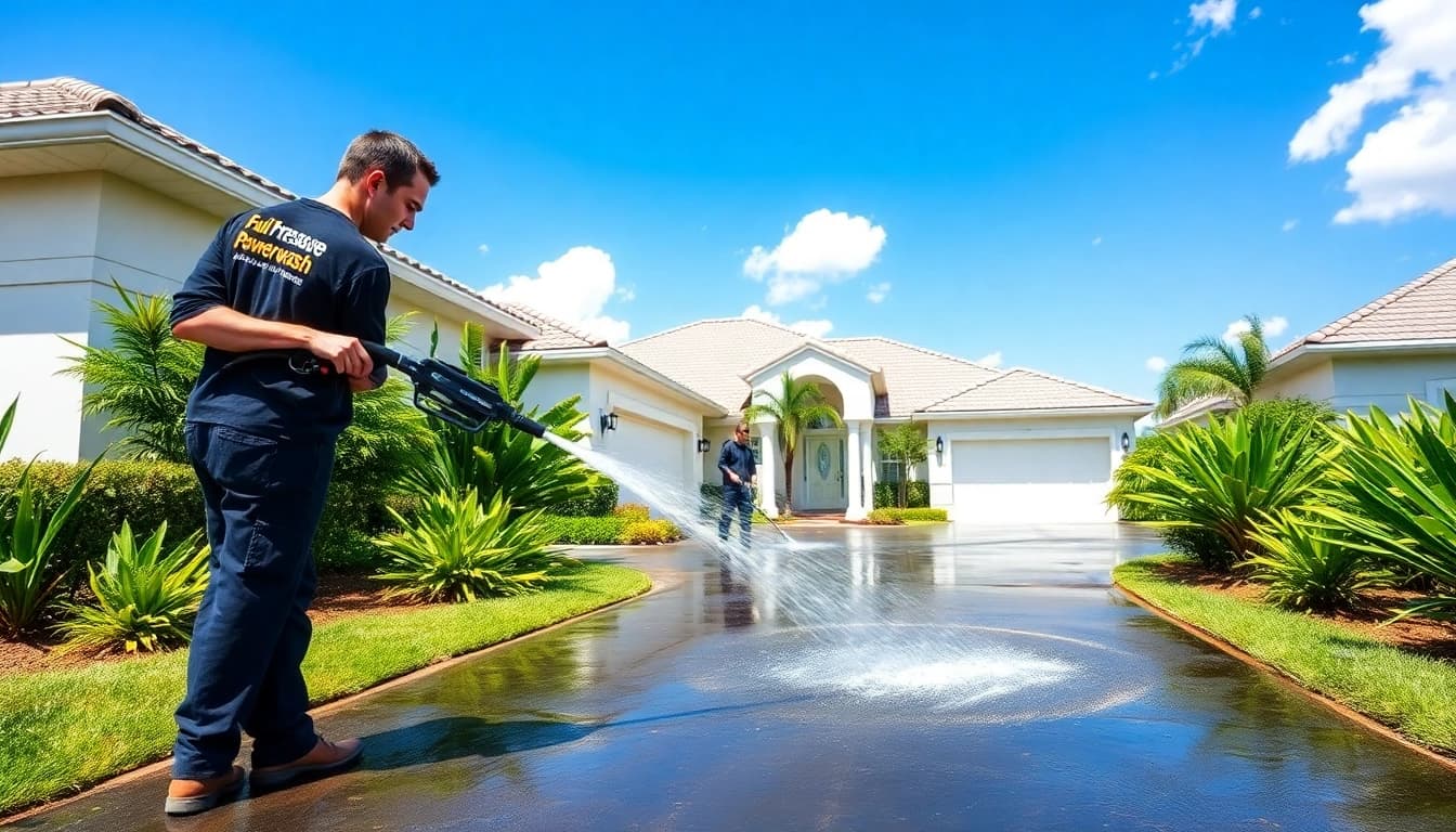Pressure wash service transforming a driveway in Kissimmee, FL.