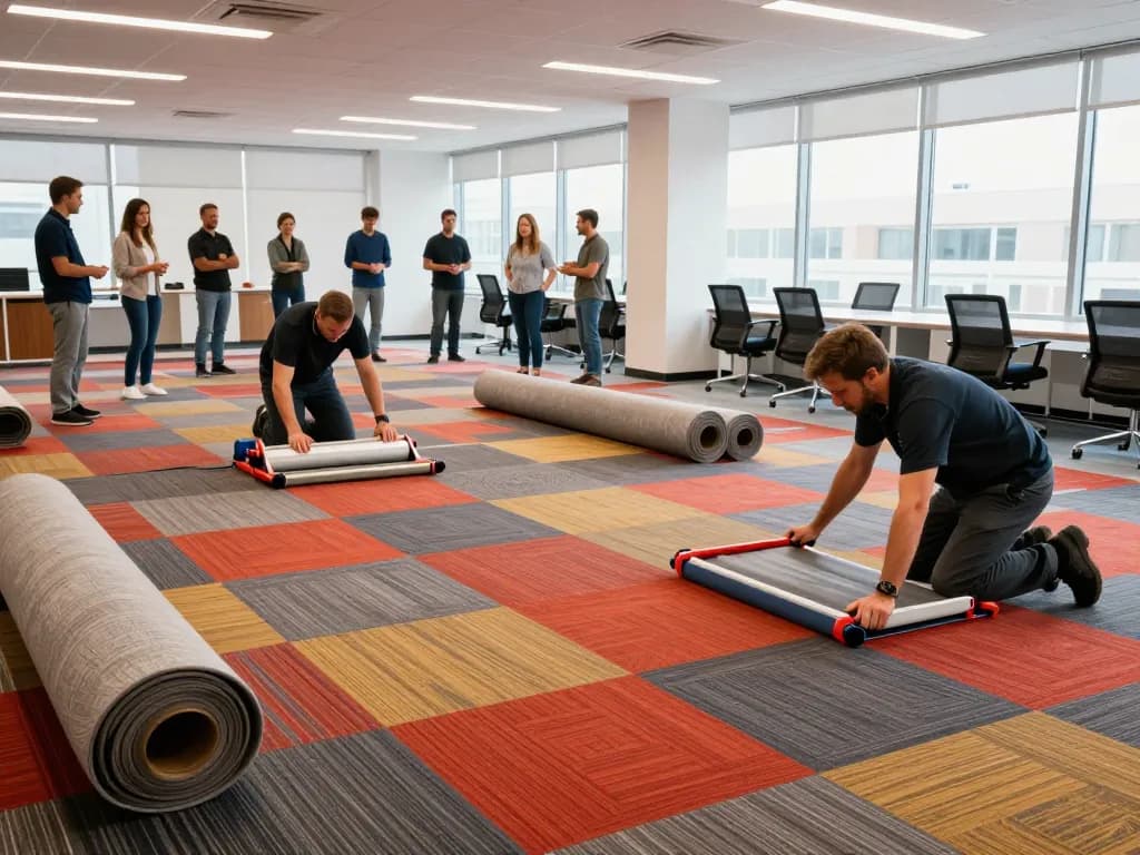 Commercial carpet installation in a vibrant office, showcasing installers and tools in action.