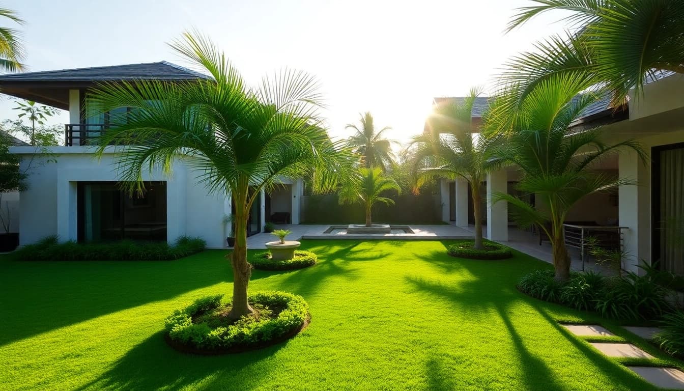 Showcasing a premium property management Phuket service featuring a luxurious villa with lush gardens.