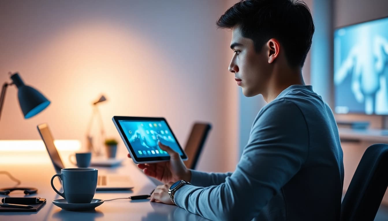A young adult engaging with the K88 tablet in a modern tech environment, showcasing its features and design.