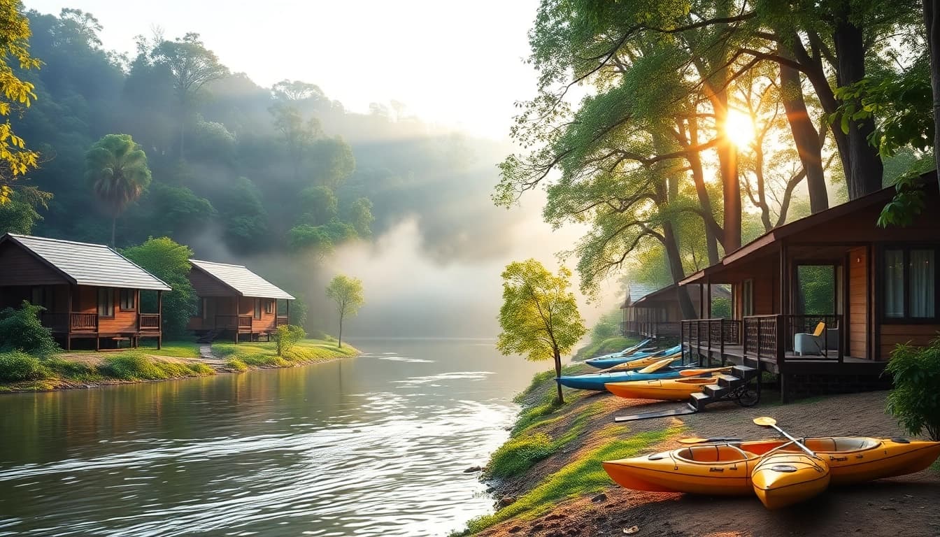 Dandeli Resorts featuring cozy riverside cottages amidst lush greenery, ideal for adventure seekers.