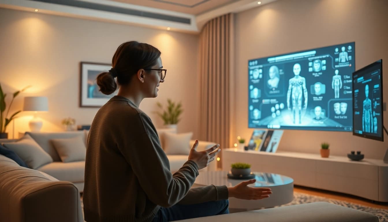 Interactive scene showcasing sex AI companionship in a modern living room.