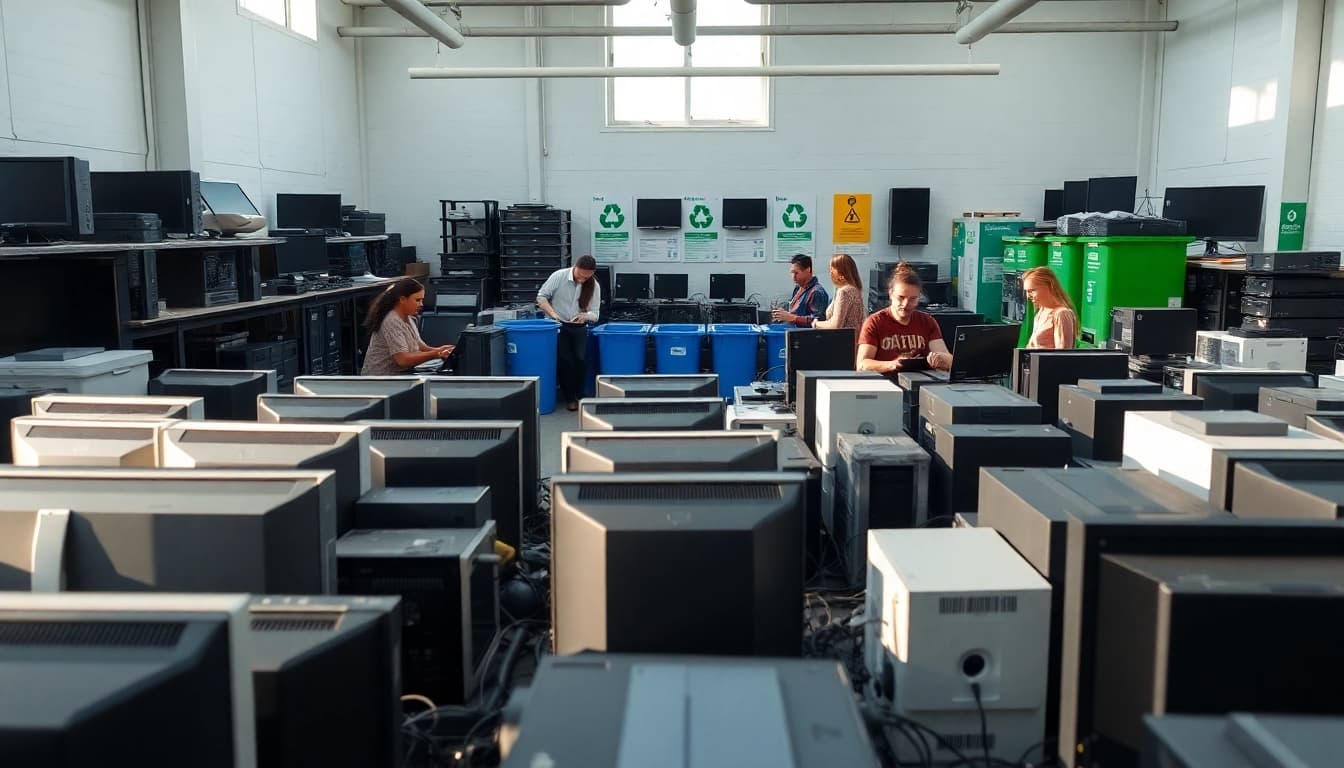 Engaging scene of IT recycling Newbury showing diverse professionals processing electronic waste responsibly.