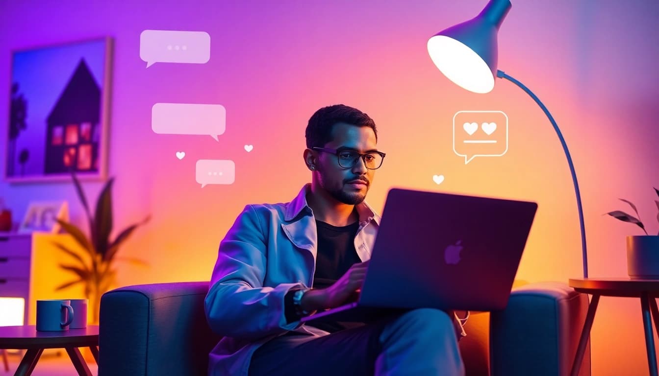 Engaging ai sex chat with an AI chatbot in a cozy digital atmosphere.