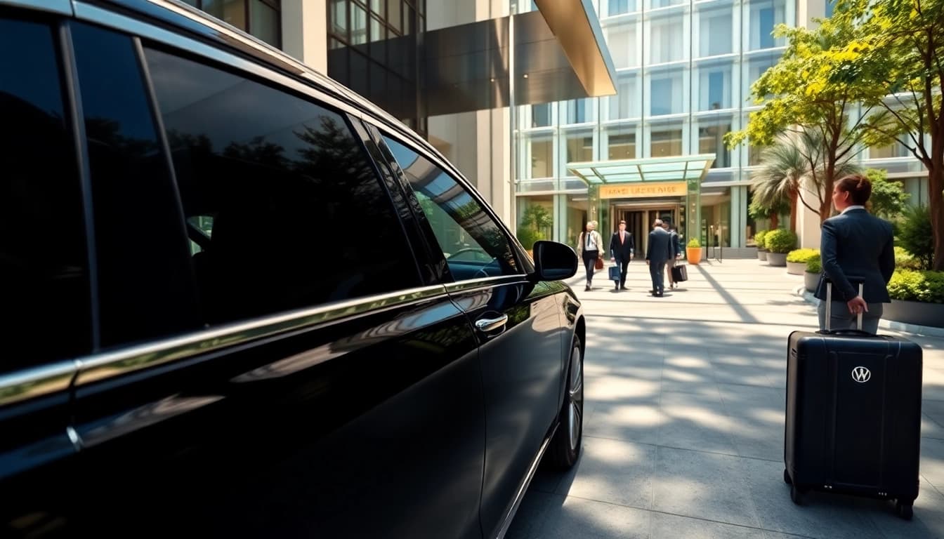 Experience premium Chauffeur Services near me at a luxurious hotel entrance with professional driver.