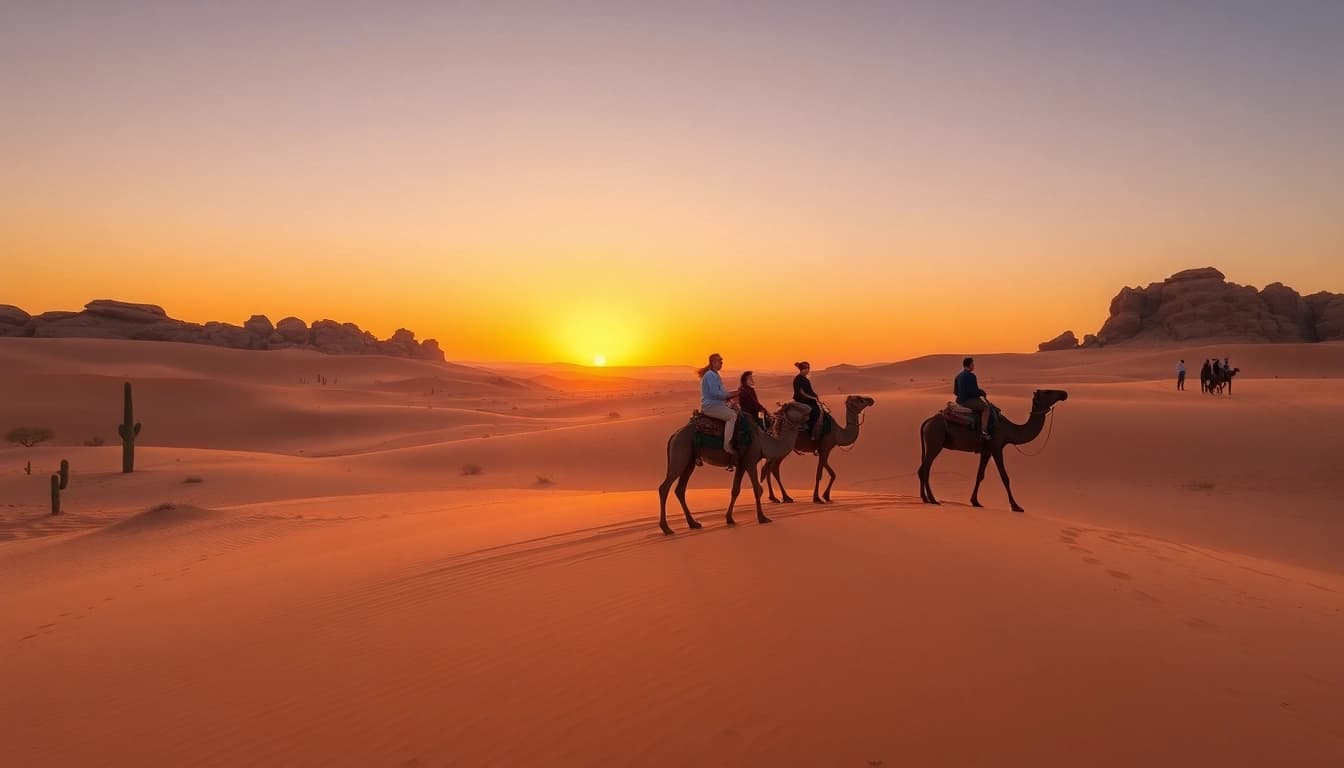 Camel ride Marrakech at sunset in Agafay Desert, showcasing tourists amidst golden dunes and traditional Moroccan elements.