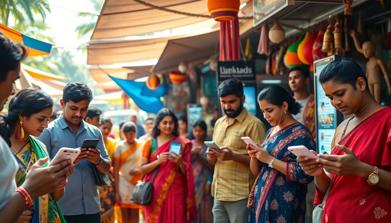 Lively scene of individuals engaging with Lanka Ads in a vibrant Sri Lankan marketplace.