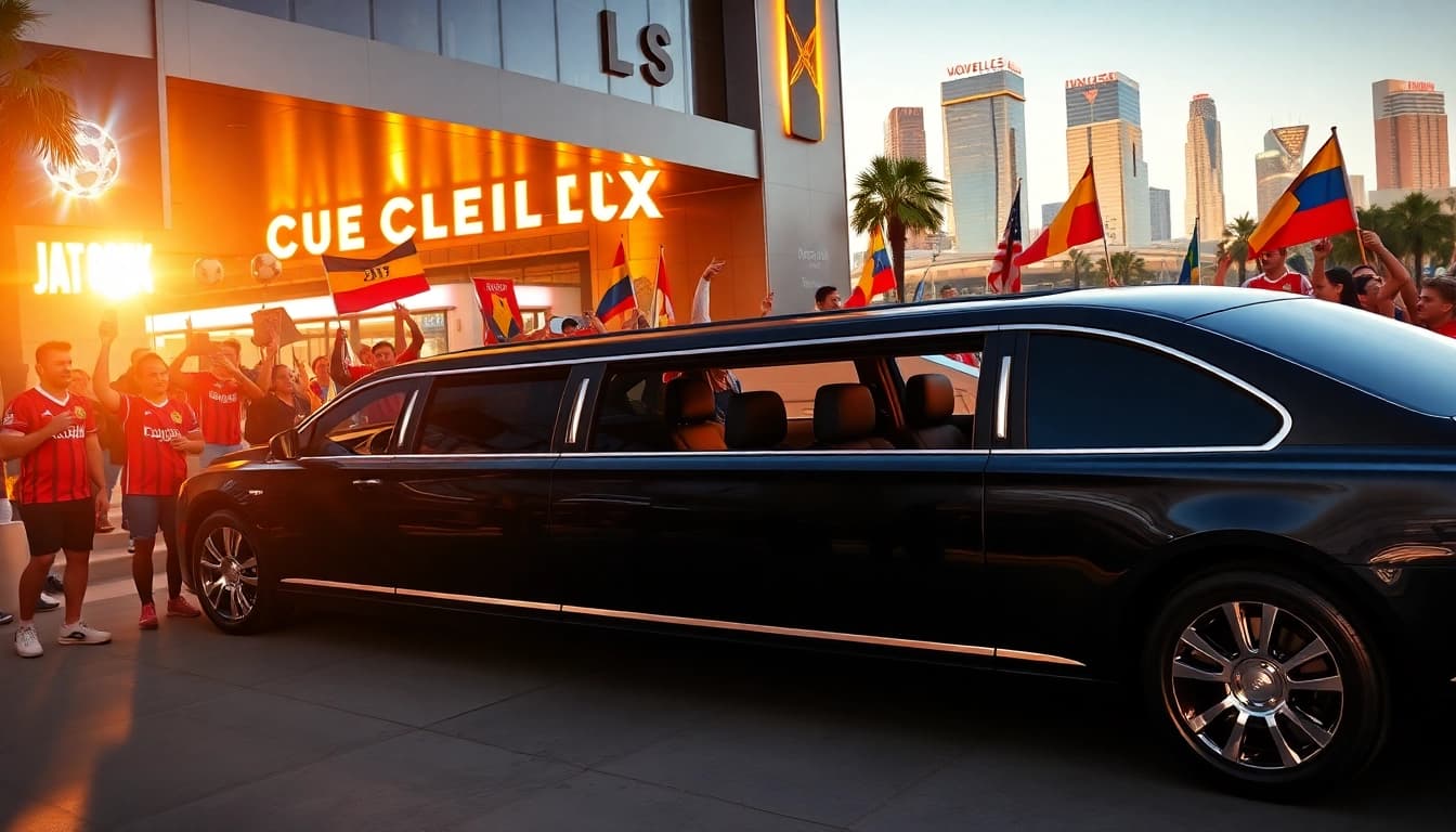 World Cup Group Transportation with a luxurious limousine awaiting excited fans in Los Angeles.
