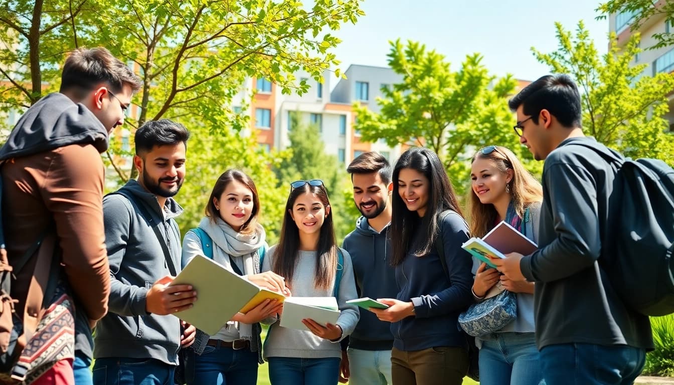 Students engaging in collaborative learning at Istanbul Medipol University apply for admission in a vibrant campus setting.