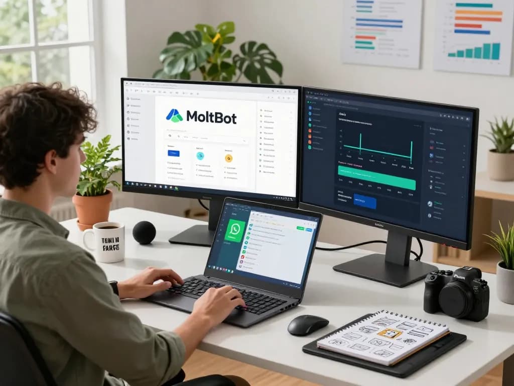 Moltbot personal AI assistant in a modern tech workspace, showcasing real-time automation and communication.