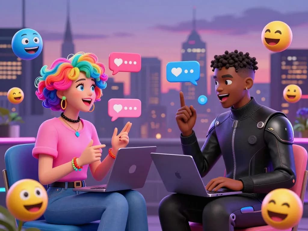 Dynamic spicy chat scene showcasing diverse avatars engaged in lively virtual interactions, vibrant colors, and digital emojis enhancing the atmosphere.