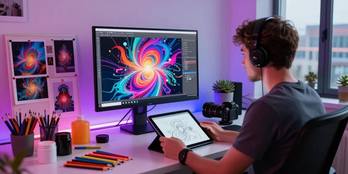 Digital artist generating image to prompt with AI tools in creative workspace