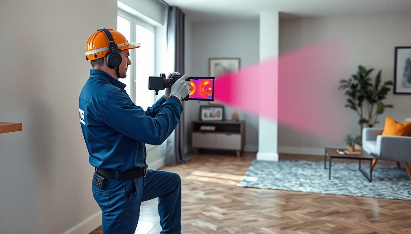 Water leak detection technician using thermal imaging to identify leaks in a modern home setting.