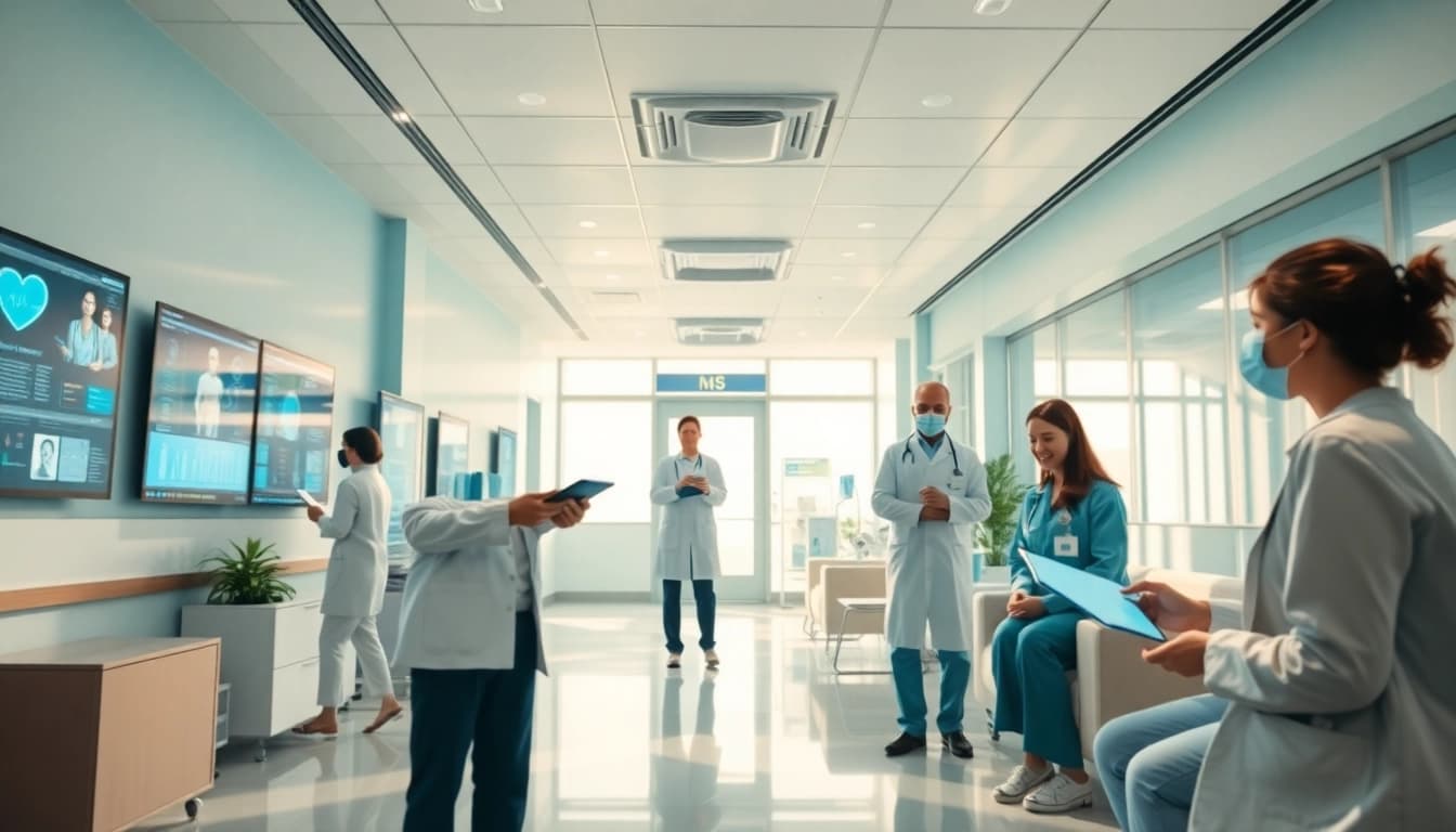 Lifepp.click showcases innovative healthcare professionals using digital interfaces in a modern setting.