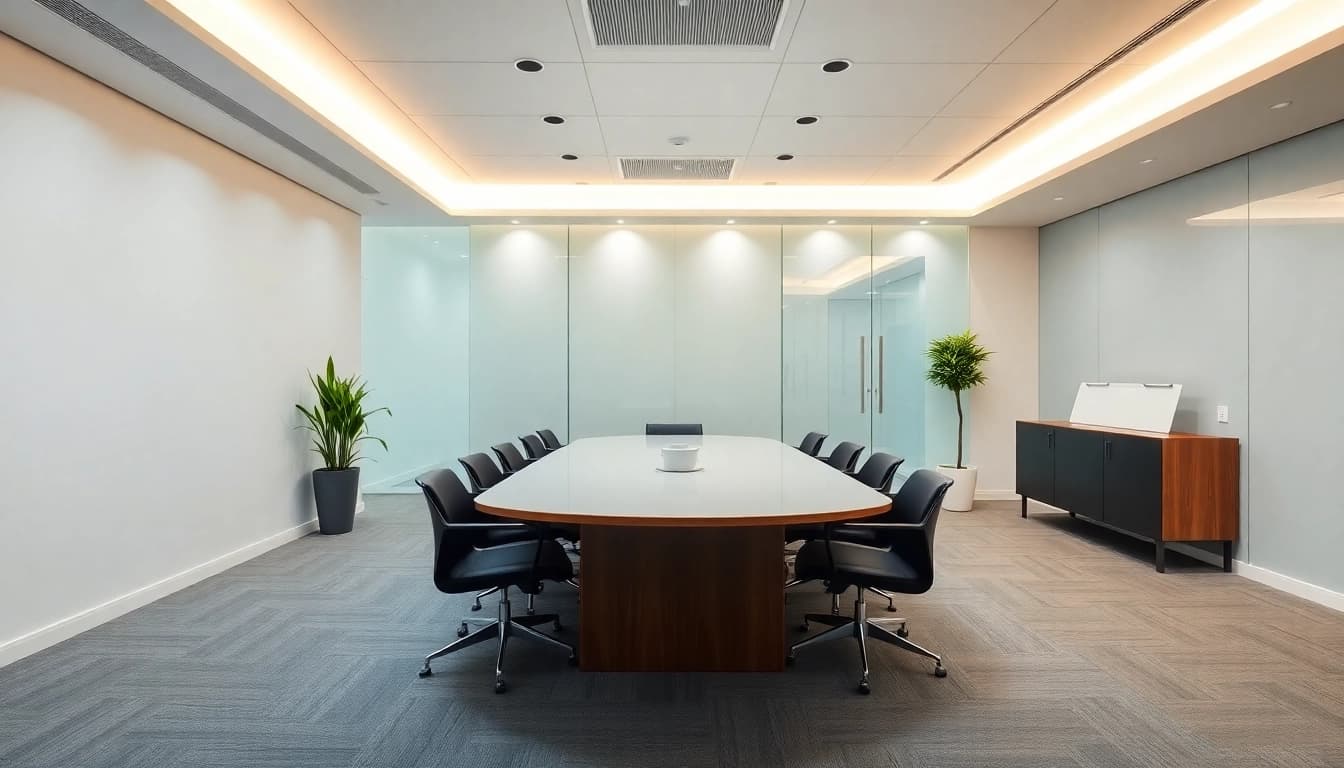 A corporate law firm conference room showcasing professionalism and trustworthiness with modern design elements.