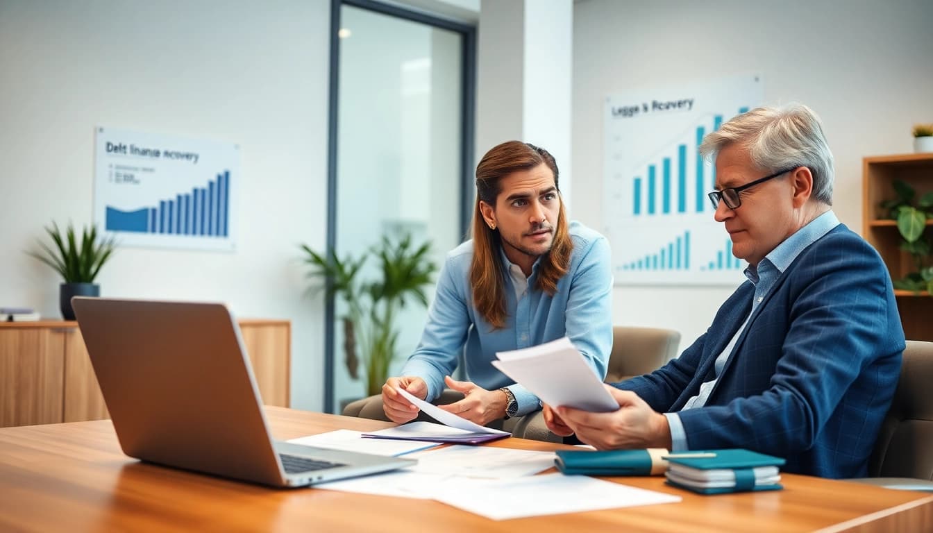 Consulenza al cliente sulla Legge Tre in un ufficio moderno per la gestione del debito.