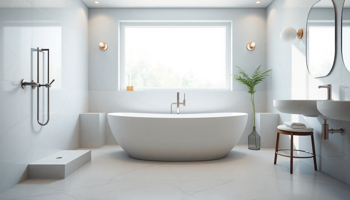 Beautiful bathroom remodeling near me featuring a modern bathtub and elegant decor.
