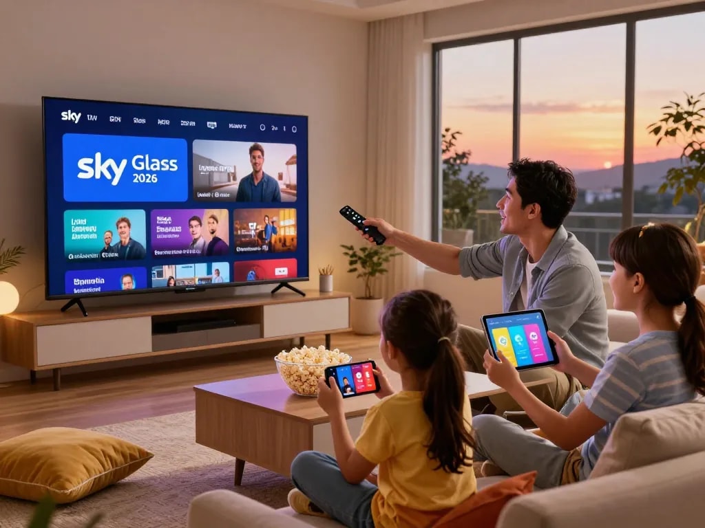 Sky Glass IPTV Updated APP 2026 in a lively family movie night setting with Android TV streaming.