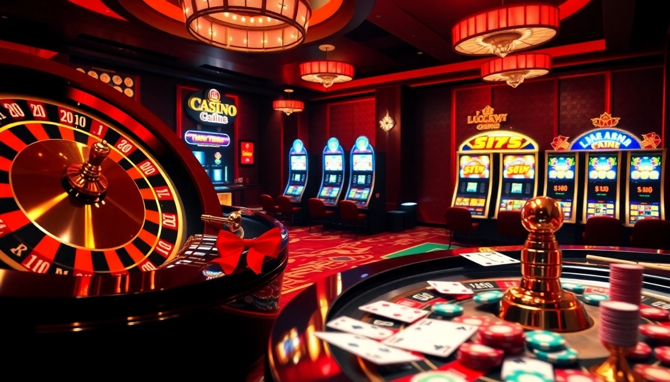 Luckywin players engaging with a vibrant roulette wheel and colorful slot machines.