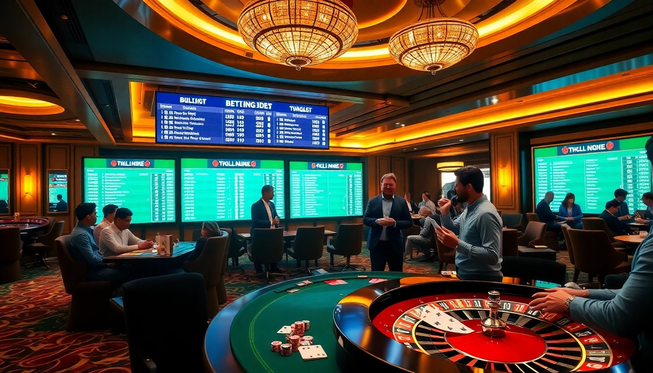 Excited gamblers analyzing tỷ lệ bóng đá in a luxurious casino betting area with modern odds boards.