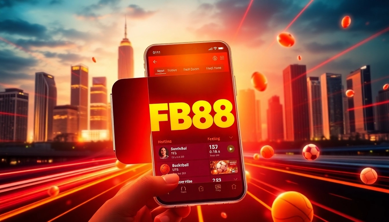 Engaging sports betting scene featuring the FB88 app interface amidst an energetic city skyline.
