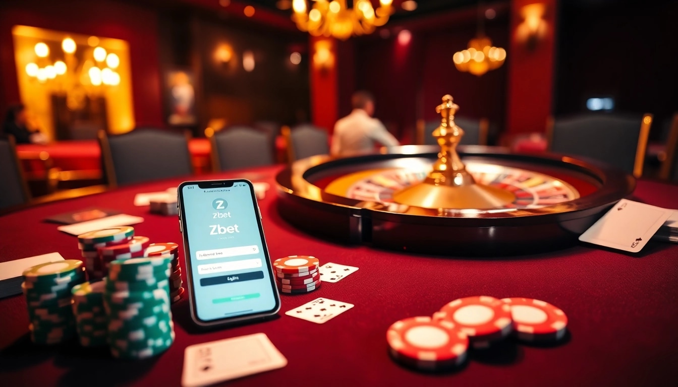 Zbet đăng nhập interface displayed on a smartphone amidst a lively casino scene with poker chips and cards.