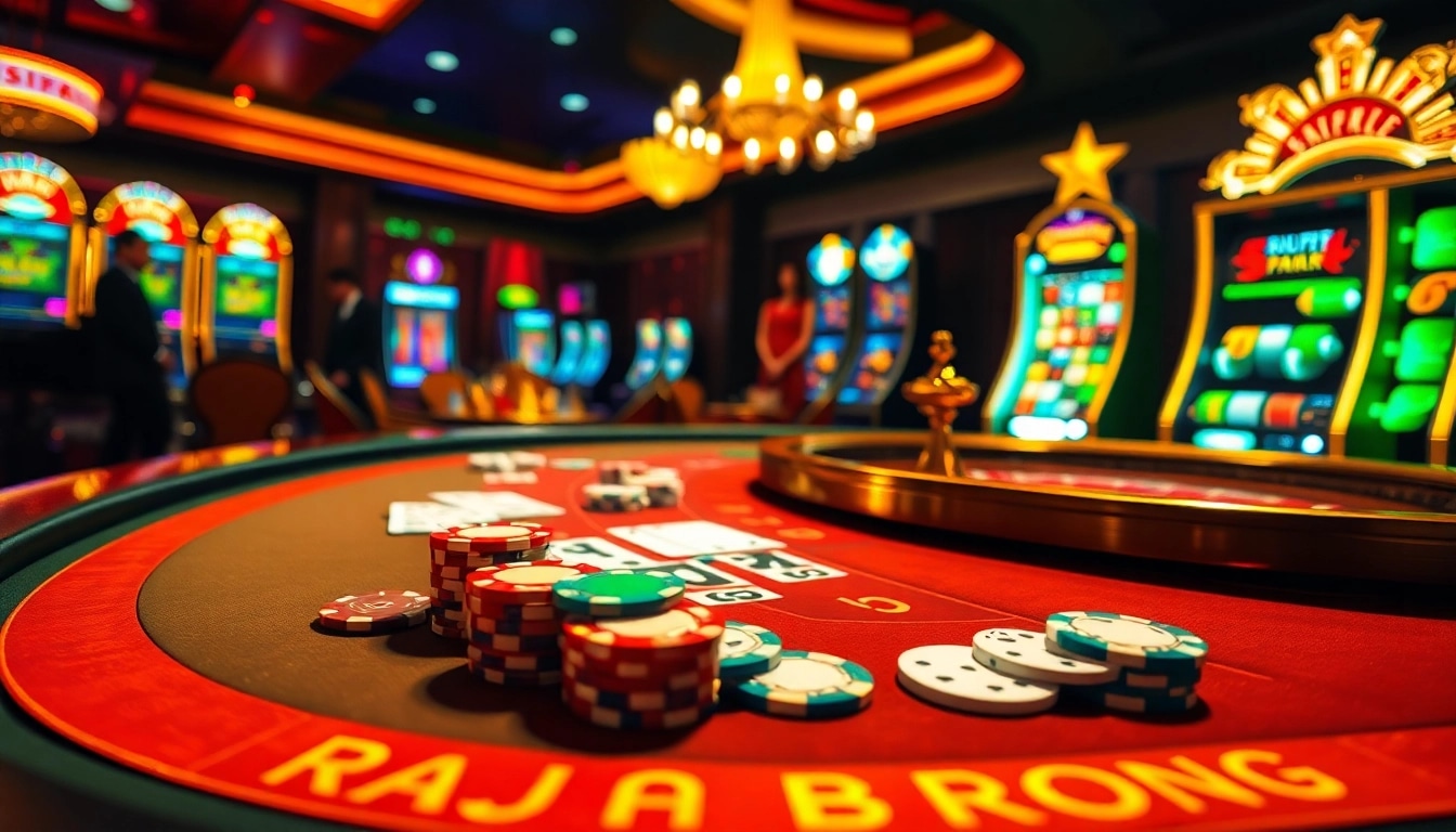 Experience the excitement of RAJABARONG as professional gamblers enjoy a thrilling casino atmosphere with vibrant tables and glowing slot machines.