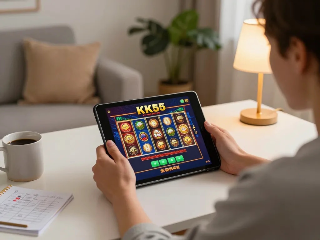 Person playing KK55 online casino games on a tablet at home, surrounded by gaming strategy notes.