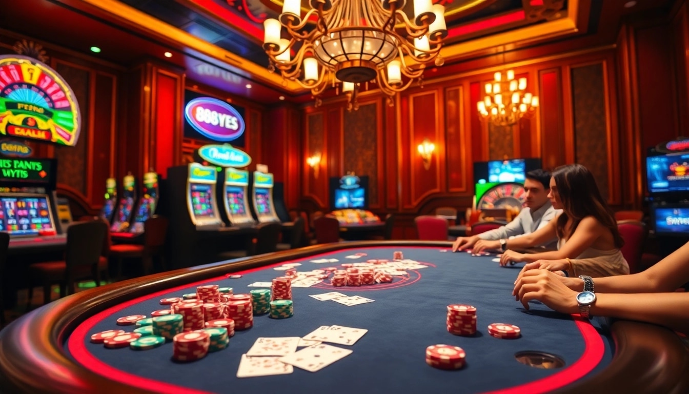 Exciting 888YES poker game in a luxurious casino setting with vibrant colors and luxury decor.