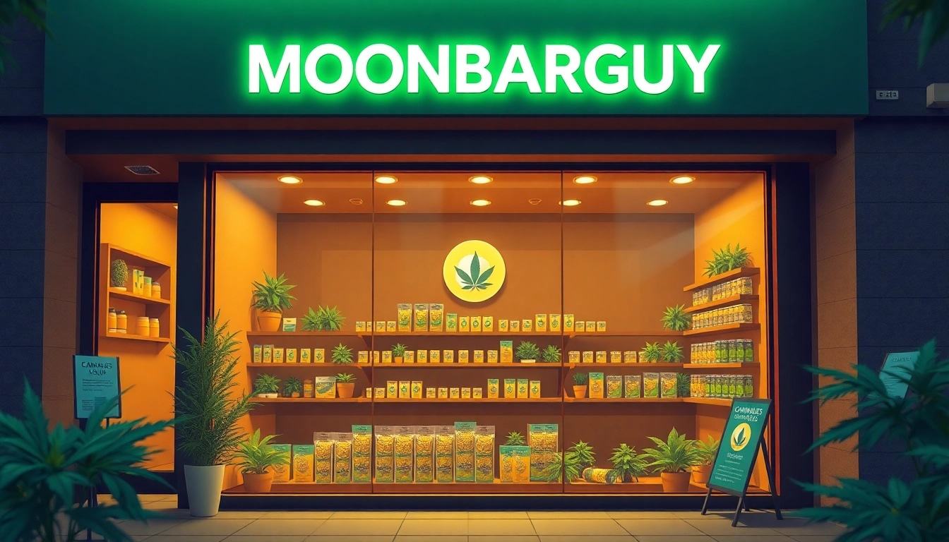 Discover the inviting storefront of Moonbarguy legal cannabis, showcasing products and information.