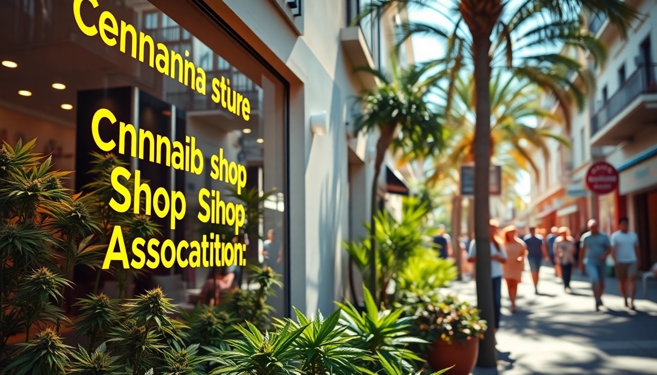 Cannabis shop association Lloret de Mar storefront with vibrant plants and welcoming atmosphere.