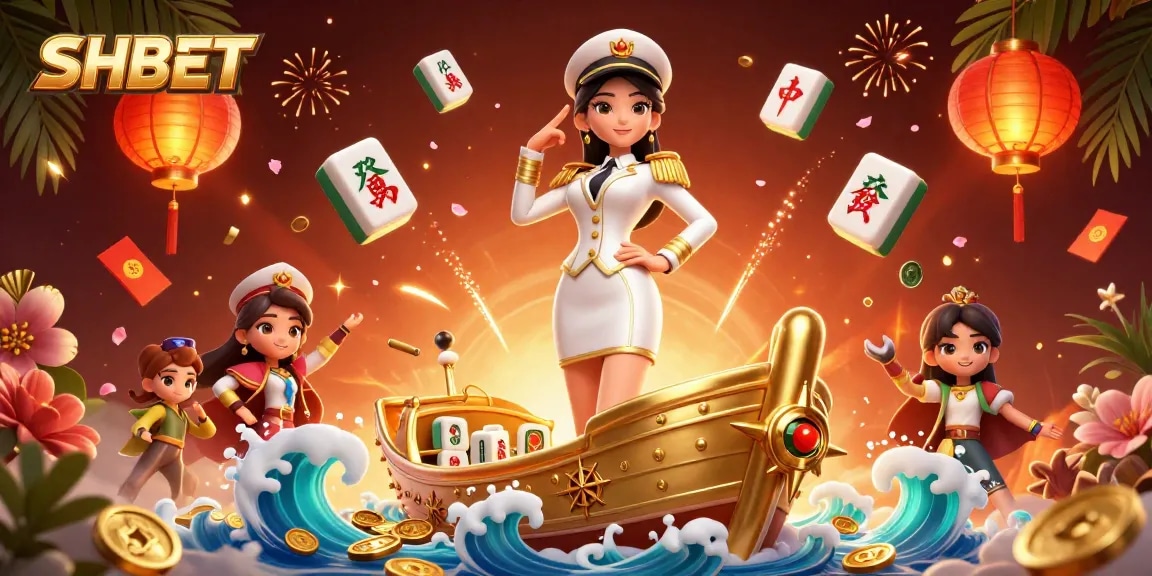 Explore the dynamic online gambling world of SHBET featuring festive symbols and an elegant character.