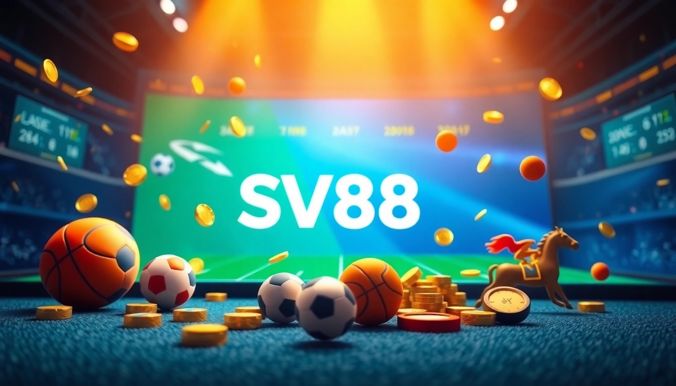 Explore the vibrant SV88 sports betting scene with dynamic icons and a winning atmosphere.