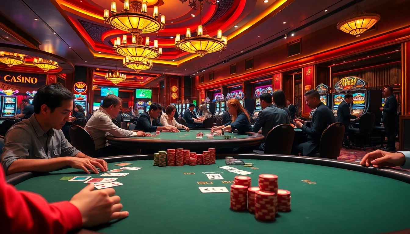 Players engaging in game bài đổi thưởng within a vibrant casino, showcasing excitement with cards and chips.