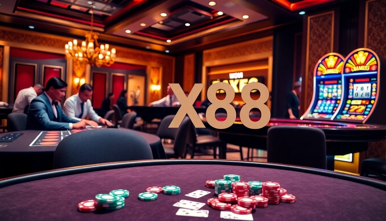 Players enjoying high-stakes games at X88 casino with professional dealers and vibrant atmosphere.