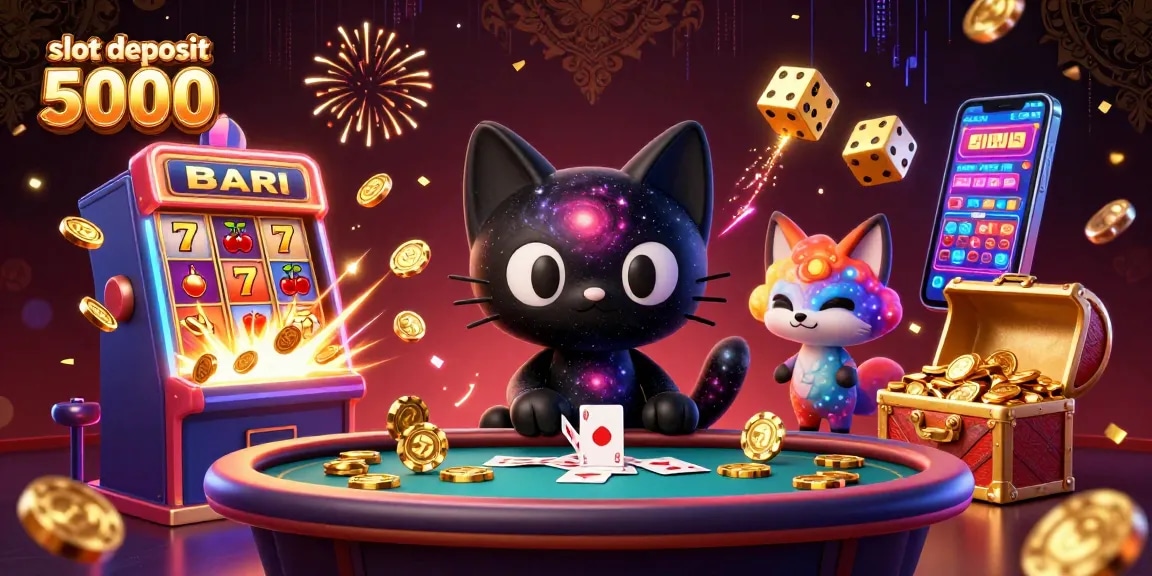 Engage with slot deposit 5000 at a lively cosmic casino with vibrant game elements and characters.