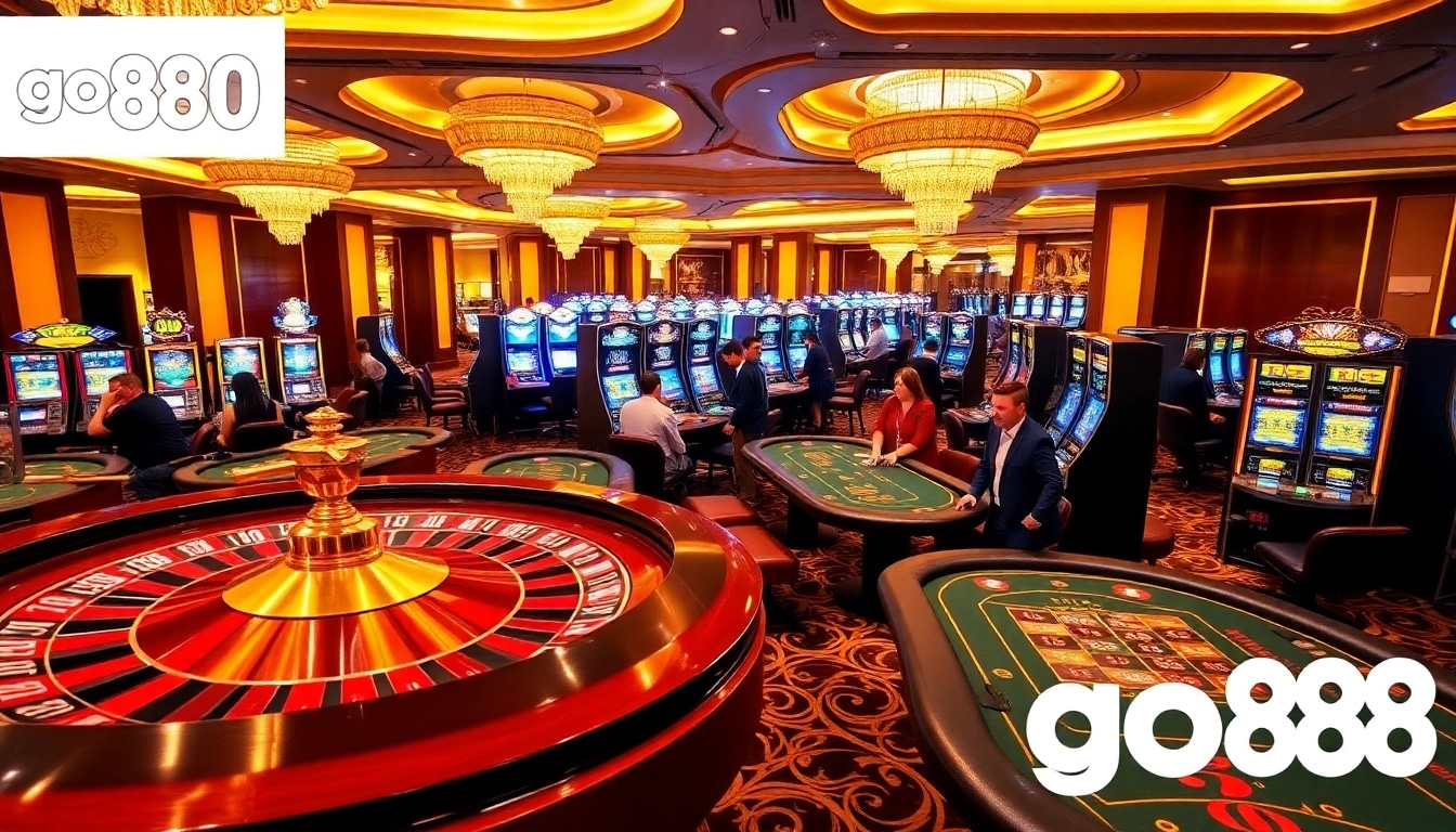 Players enjoying thrilling games at the go88 casino surrounded by slot machines and poker tables.