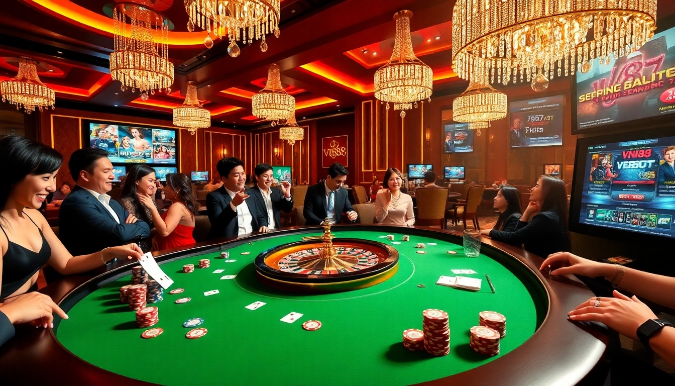 Players experiencing the thrill of betting at the VN88 casino table with vibrant poker chips and cards.