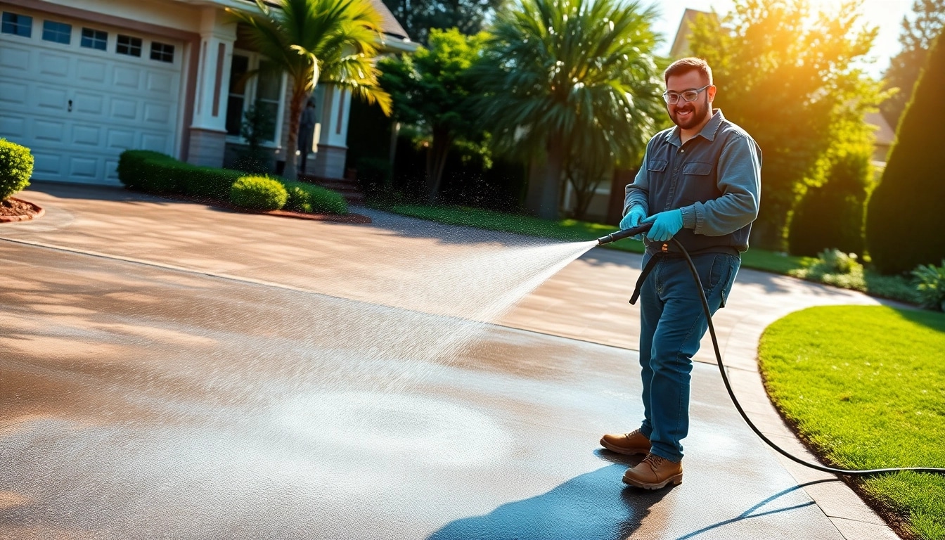 Technician performing pressure washing on a driveway with sparkling water droplets.