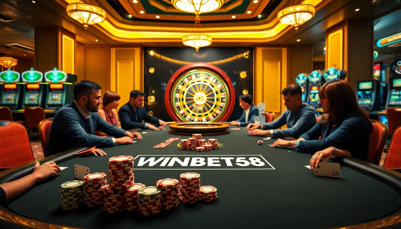 Players enjoying a thrilling game at a WINBET58 poker table in a luxurious casino setting.