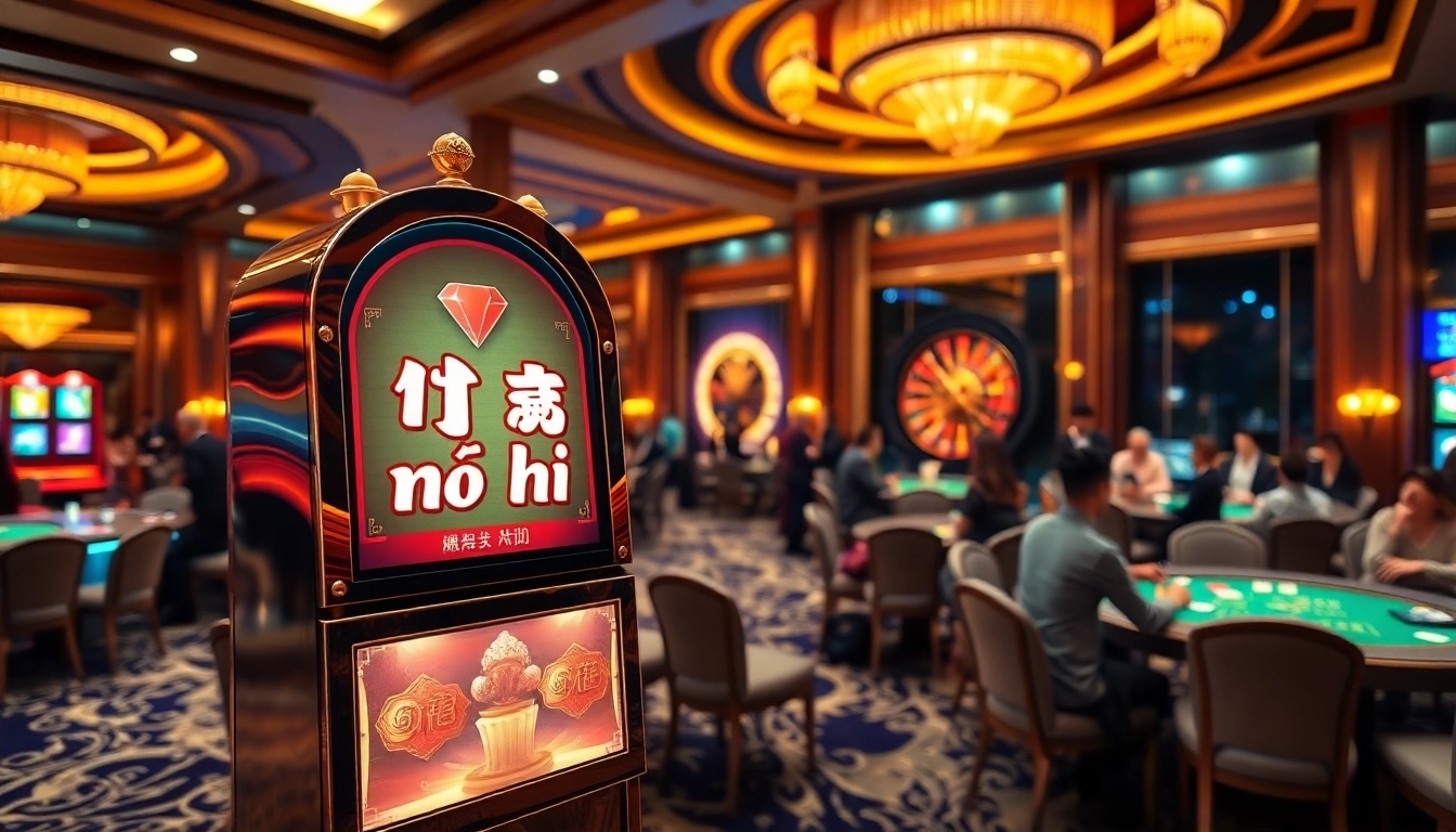 Players enjoying the excitement of nổ hũ at a luxurious casino, surrounded by vibrant gaming atmosphere.