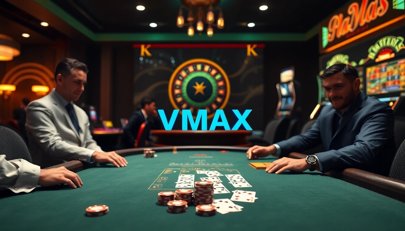 VMAX online casino interface with a vibrant gaming table featuring poker chips and high-stakes action.