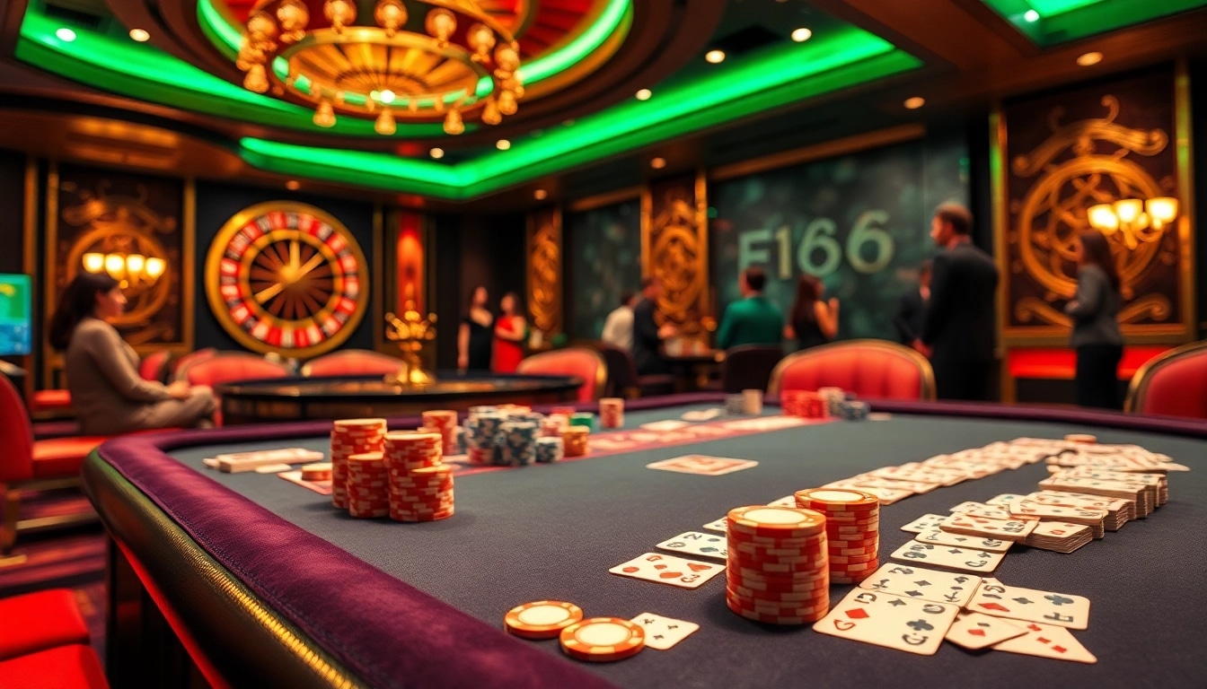 High-stakes poker scene at F168 Casino with vibrant chips and eager players.
