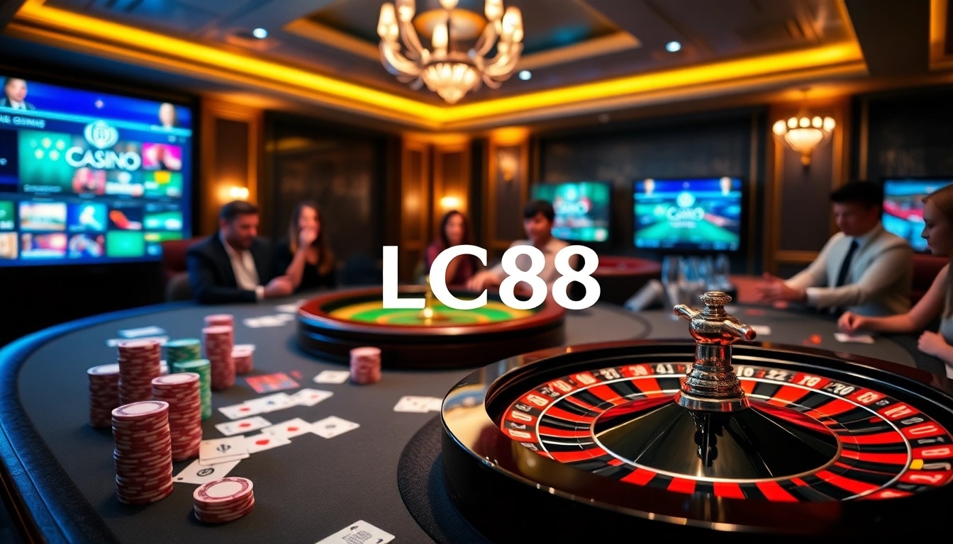 Experience the thrill of betting with LC88, showcasing vibrant casino elements and engaging players.