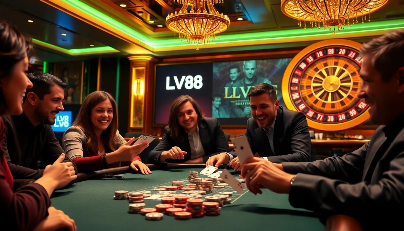 Players enjoying a thrilling poker game at LV88 casino, showcasing excitement and luxury.
