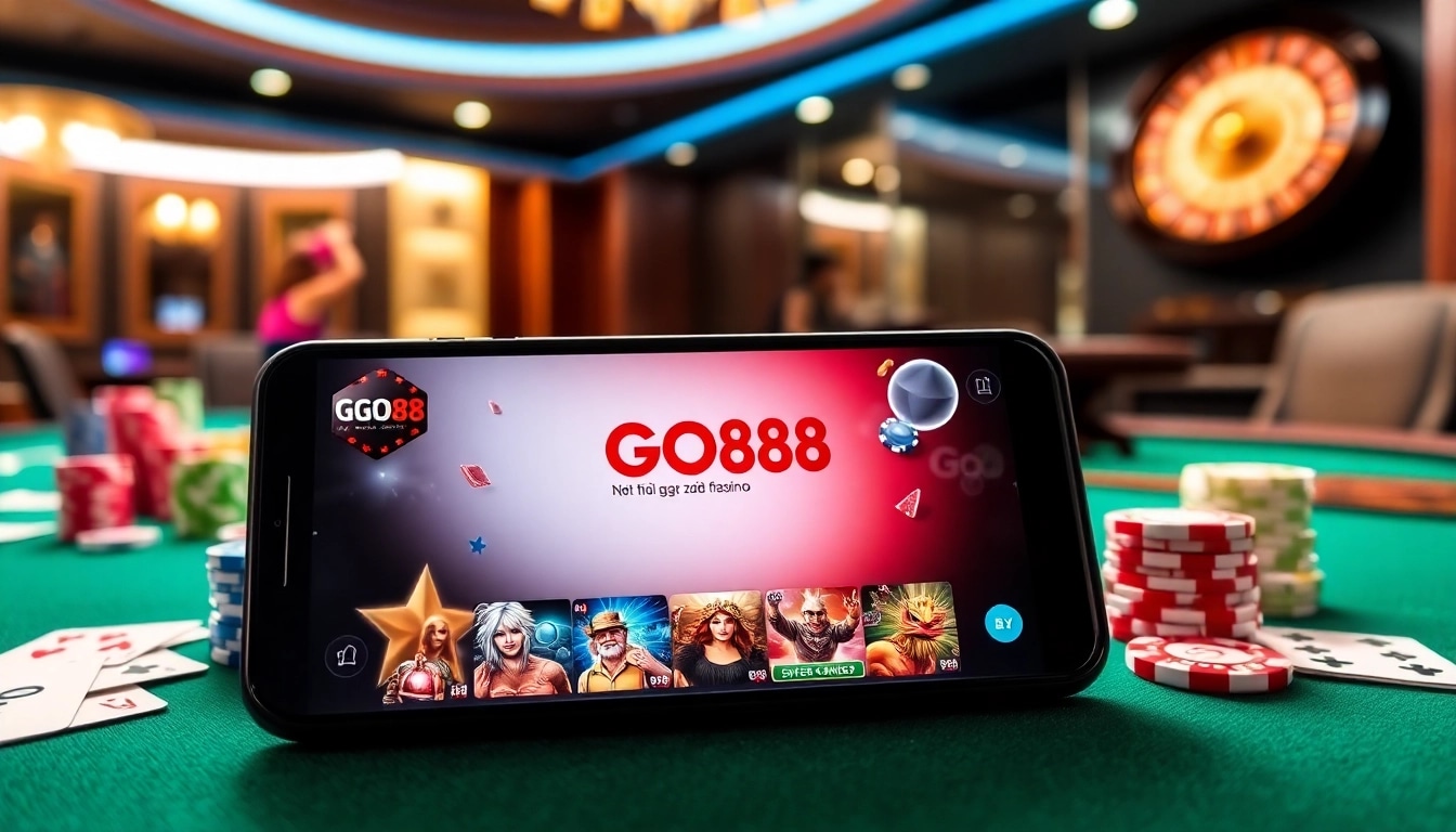 Tải GO88 app on a smartphone amidst a vibrant casino scene with poker chips and cards.