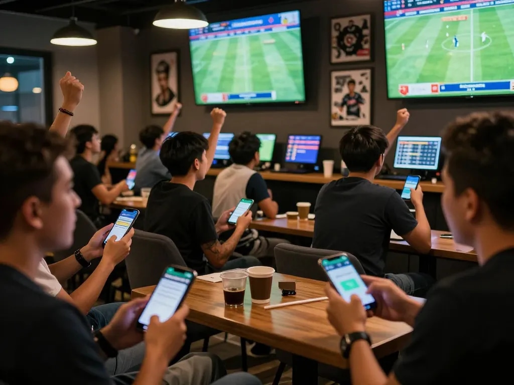Fans engaging with keobongda sports betting app in an exciting lounge atmosphere.