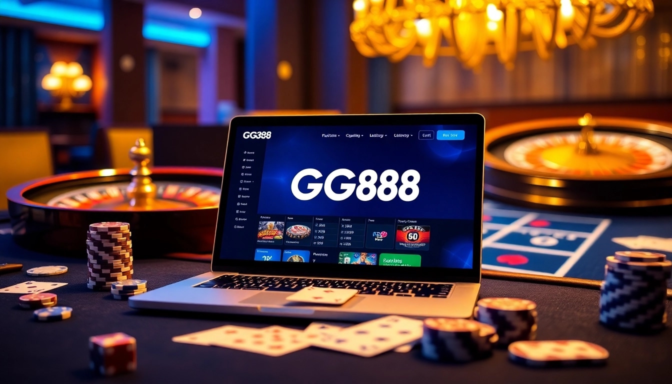 Experience the thrill of GG88 with an interactive online gambling scene featuring poker chips and roulette.