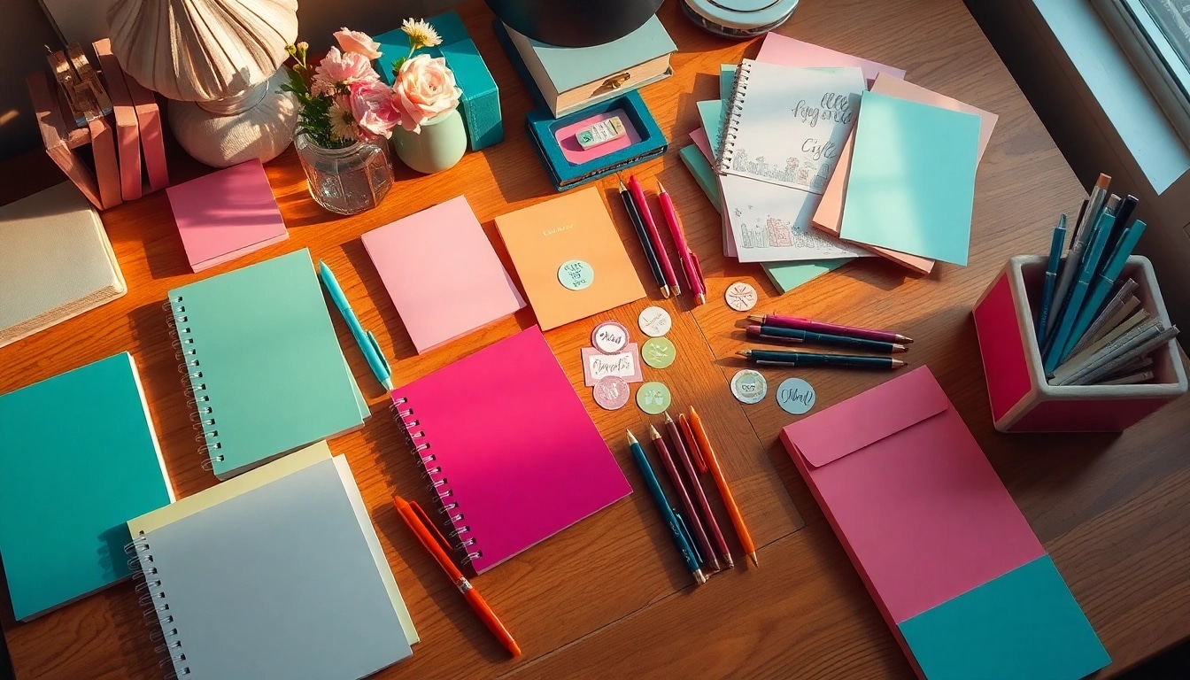 Explore beautiful discount stationery on a cozy, organized workspace filled with colorful notepads and pens.