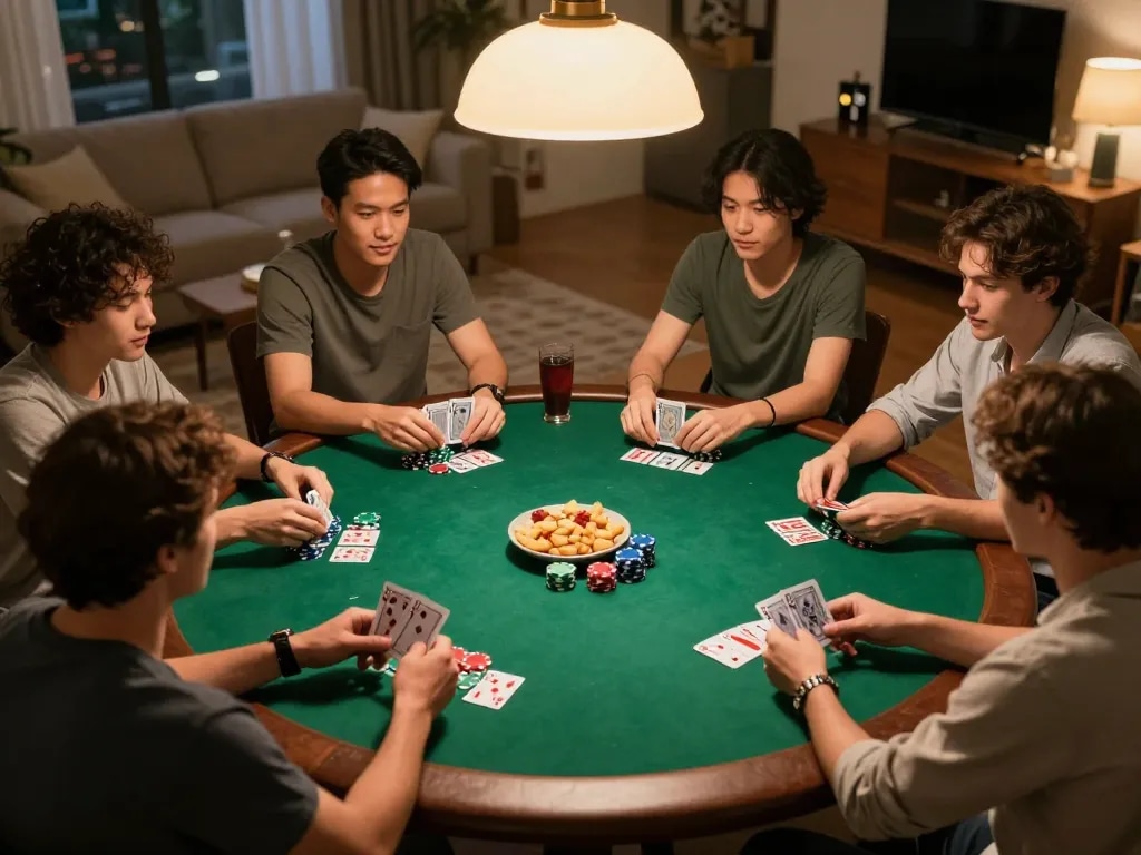Friends enjoying a poker night at home, strategizing and placing bets on ok365 gaming.
